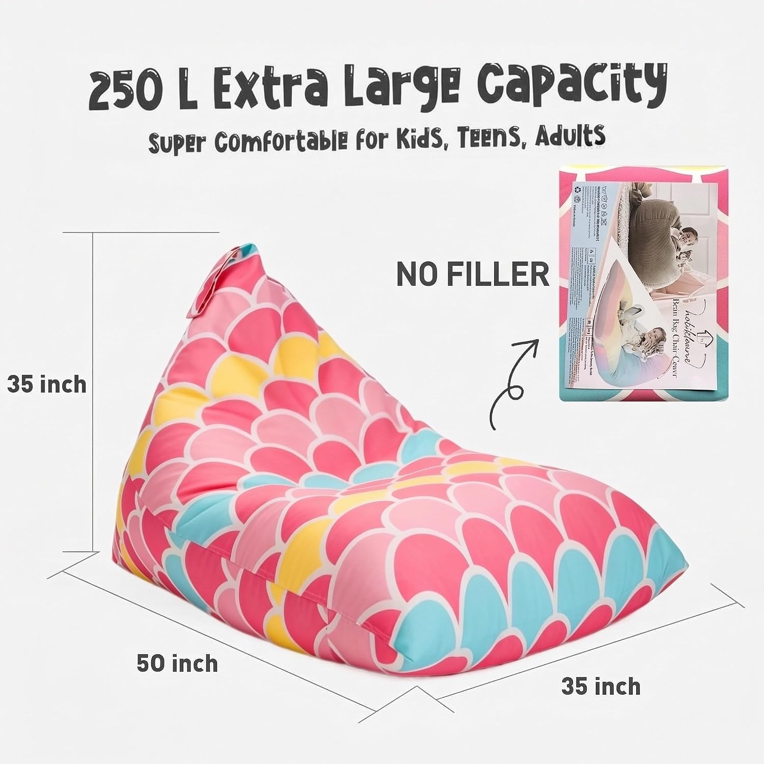 Stuffed Animal Storage Bean Bag Chair Cover for Kids Teens (No Filler) 250L Washable Large Beanbag Cover for Kids' Room Organizing Plush Toys or Home Living Room Textile,Mermaid