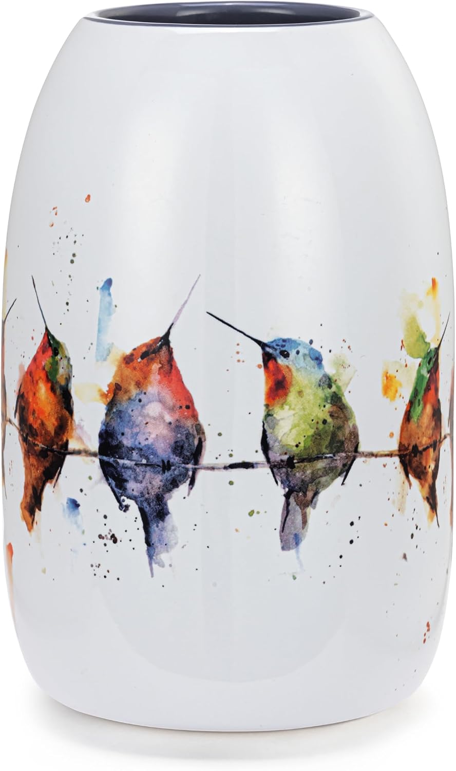 DEMDACO Dean Crouser Collection Watercolor Hummers On A Wire Colorful 7 x 4.5 Stoneware Decorative Bud Floral Flower Vase Container Vessel