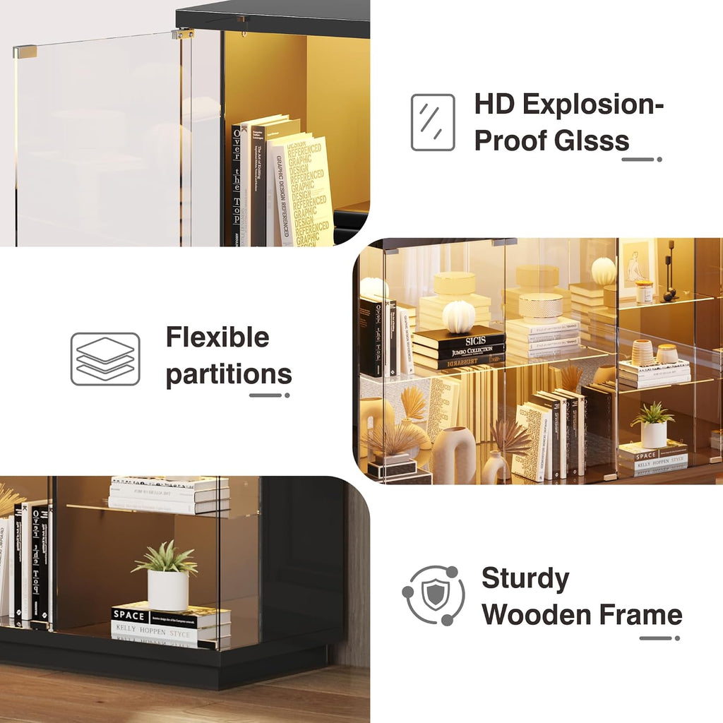 High Gloss Glass Display Cabinet with Lock & LED Light for Toys, Black | Curio Cabinet with Human Body Sensor & Glass Shelves, Display Case for Toys, Books, Collectibles, Sideboard for Living Room