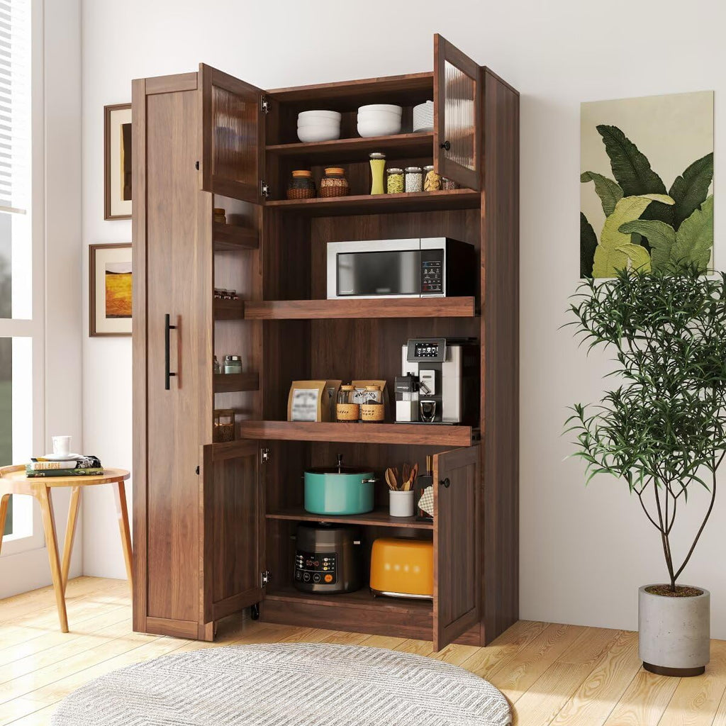 JIJIWANG 70.87" Kitchen Pantry Cabinet with Multi-Functional Pull-Out Multi-Tier Storage Shelf,Farmhouse Storage Cabinet with 4 Doors,Pantry Organizers for Kitchen,Dining Room, Walnut