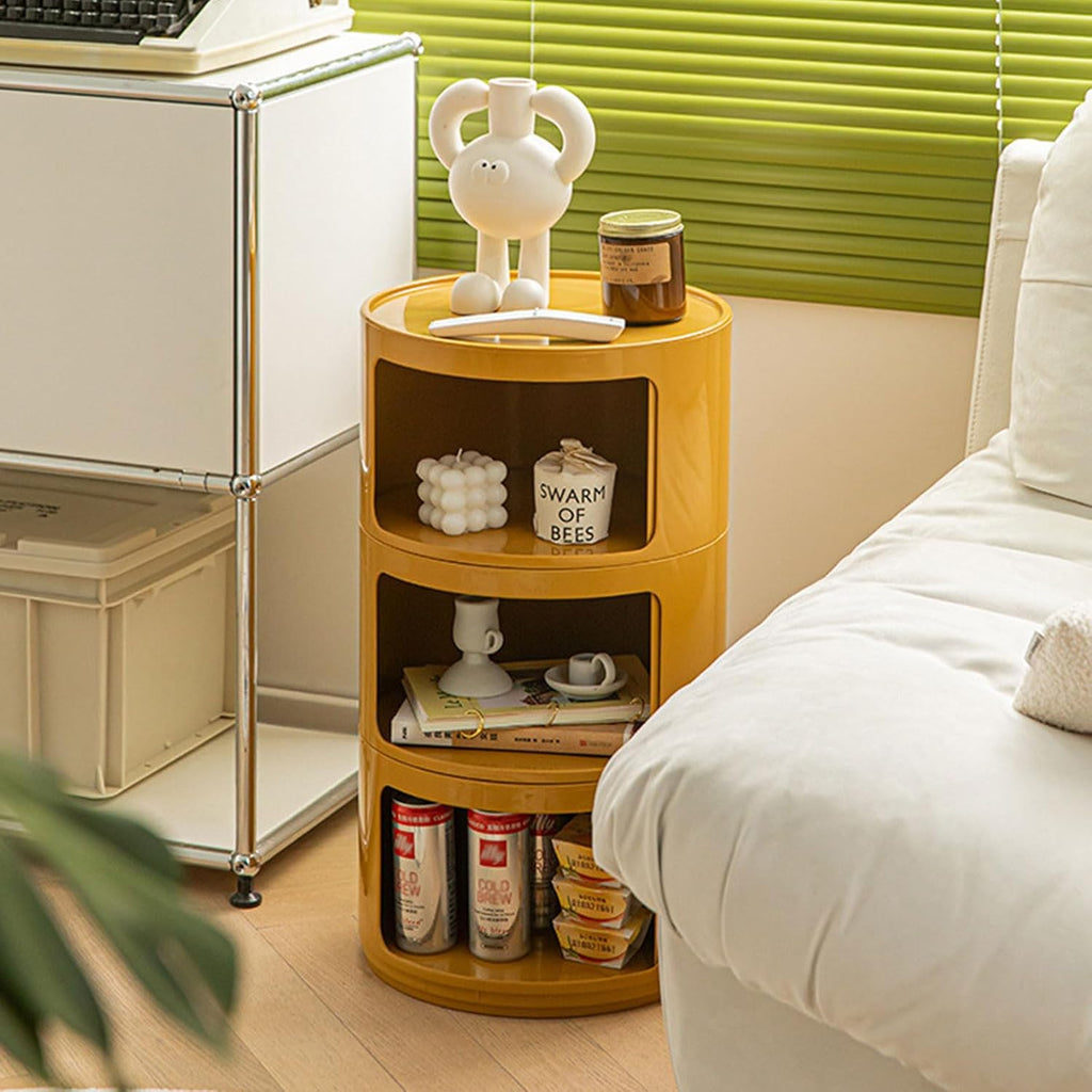 Round Nightstand with Drawers, Round Bedside Table 2/3/4 Tier Plastic Nightstand Storage, RoundStorage Cabinet with Sliding Door, Modern End Table Side Table for Bedroom (Red, 4 Tier)