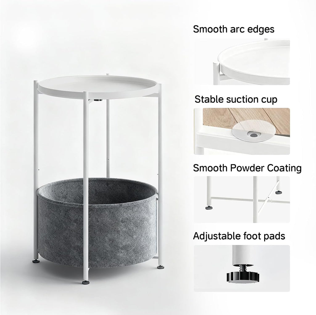 Small Round Side Table with Felt Storage Basket, Metal End Table with Removable Tray and Adjustable Feet, Accent Table for Nursery, Bedroom, Living Room, Laundry Room, White