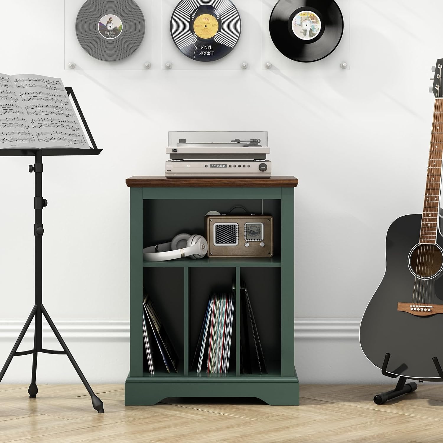 RowyPoey Farmhouse Record Player Stand, 3 Tier End Table, Turntable Stand with Vinyl Record Storage, Wood Record Holder Cabinet Dispaly Shelf for Living Room,Bedroom,Office,Antique White
