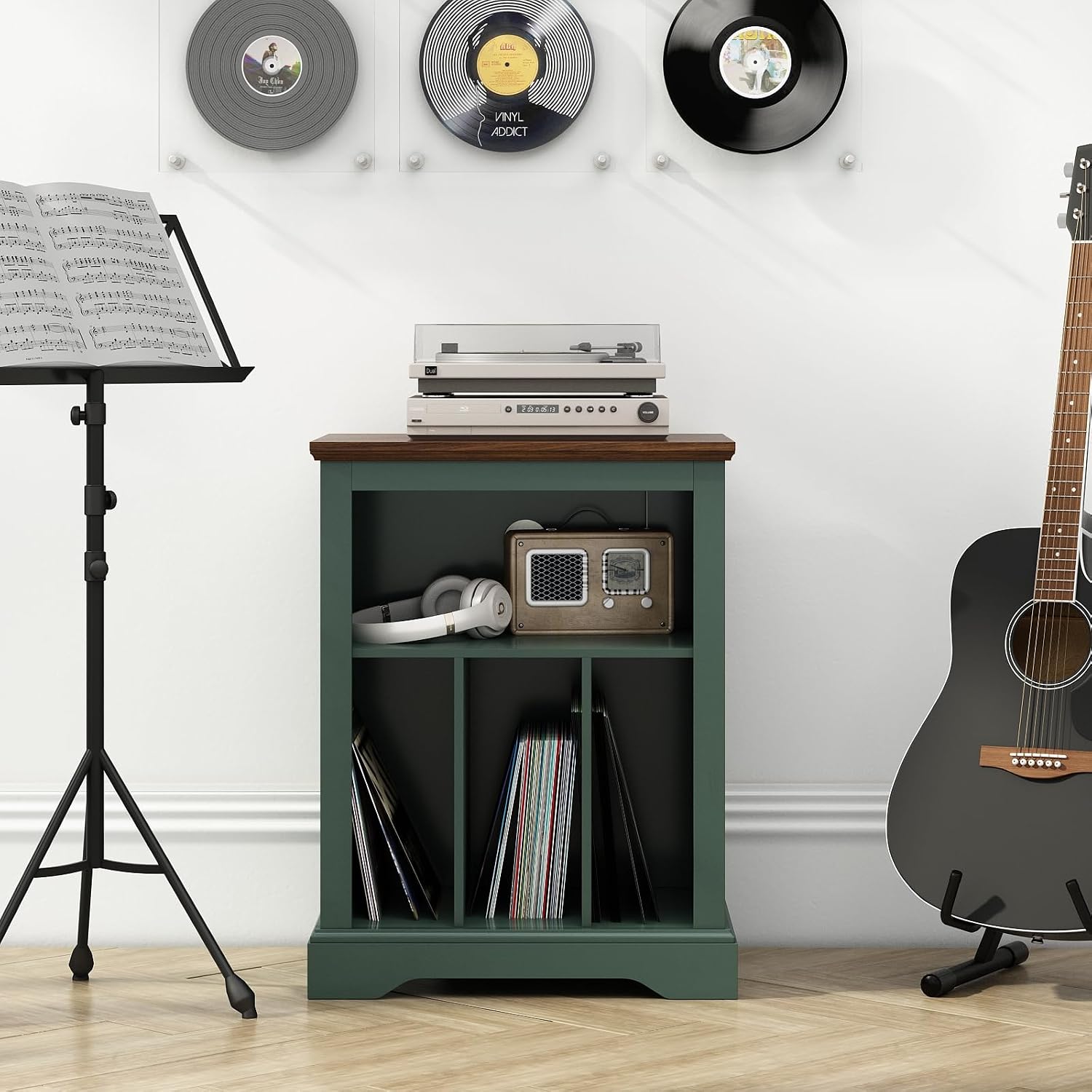 RowyPoey Farmhouse Record Player Stand, 3 Tier End Table, Turntable Stand with Vinyl Record Storage, Wood Record Holder Cabinet Dispaly Shelf for Living Room,Bedroom,Office,Antique White