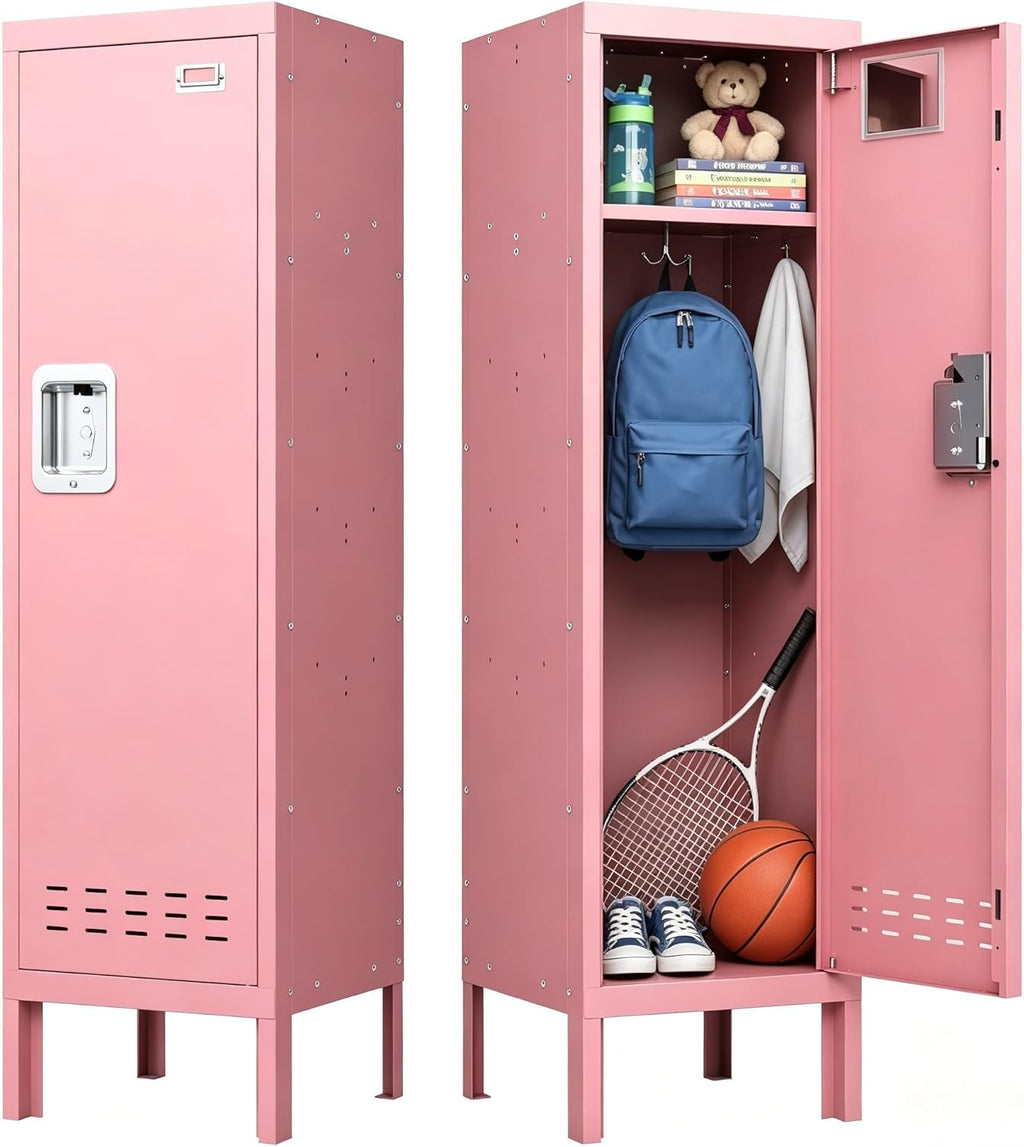 KAER Pink Locker 54" H Metal Storage Cabinet Kids Lockers for Employees Lockable Locker Storage Organizer with Locker Shelf with Louvers Nameplate Small for Home School Gym Office