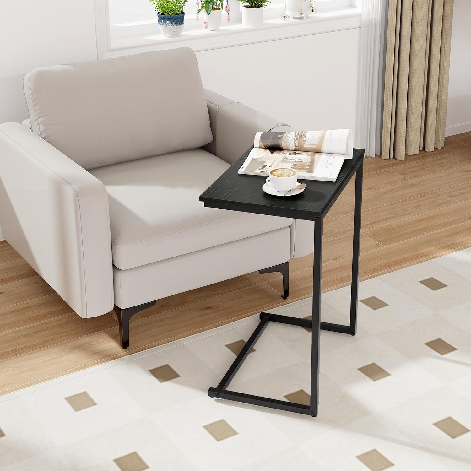Tangkula C-Shaped End Table, Vintage Accent Couch Table with Heavy-Duty Metal Frame for Coffee/Snacks/Laptop, 26.5" Side Table for Bed, Sofa, Armchair (1, Black)