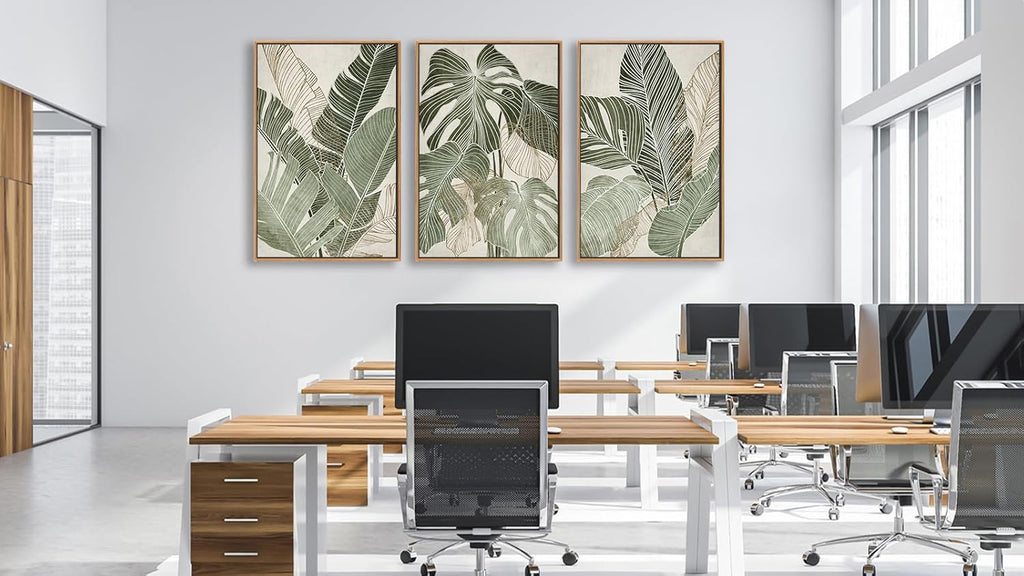 Large Framed Canvas Wall Art - Natural Float Framed Green Plantain Leaves Pictures Decor Brown Leaf Lines Painting Prints Rustic Botanical Artwork for Bedroom Living Room Decoration 60" X 28" Set of 3
