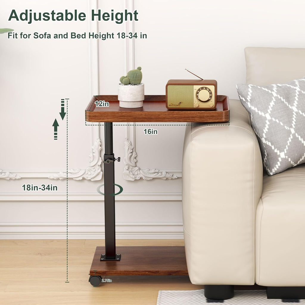 C Shaped Side Table with Wheels, Adjustable Height C Shaped End Table for Couch, 360°Swivel Side Tables that Slide Under, Rolling Small Coffee C Table End Table for Sofa/Bed/Bathtub (Brown)