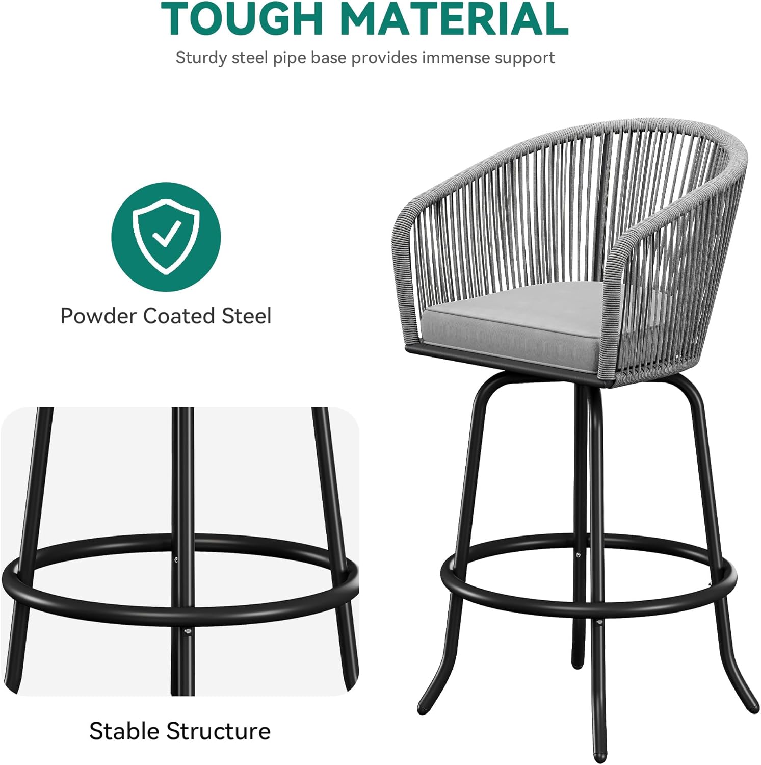 YITAHOME 27" Bar Stools Set of 6 with Arms & Cushions, 360° Swivel Outdoor Bar Stools, All Weather Counter Height Bar Stools Set of 6 with Curved Back for Backyard, Kitchen Island, Dining Room, Gray