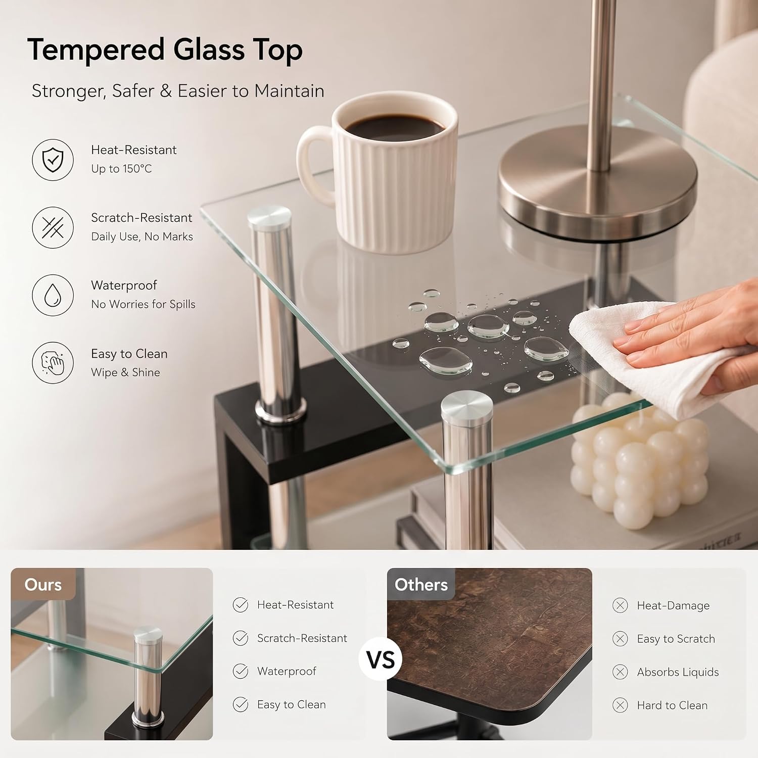 Meihua Glass End Table, Square Glass Side Table, 2-Tier Modern Nightstand with Metal Legs for Living Room&Bedroom (Transparent, 1pc)