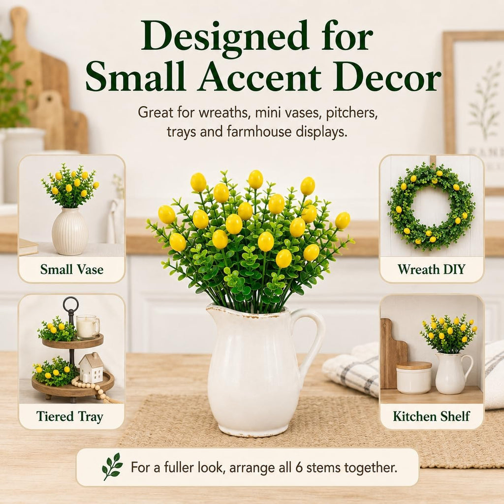 6 Pcs Artificial Lemon Branches Artificial Fruit Lemon Tree Greenery Decoration Faux Lemons Picks for Farmhouse Kitchen Home Table Decor Stem Fruits for Home Spring Summer Decor