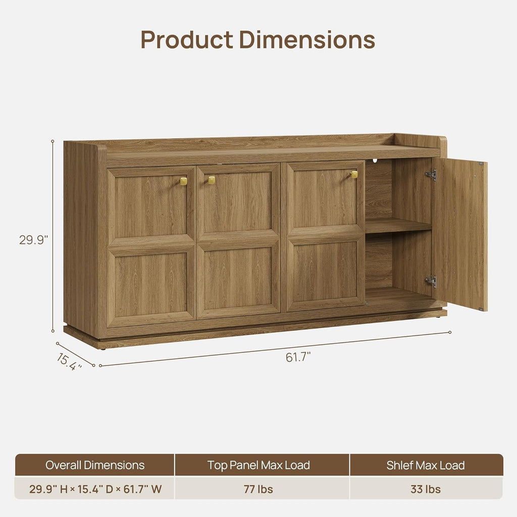 SICOTAS 4-Door Buffet Cabinet, 61.7" Wide Extra Long Sideboard with 2 Separate Bays & Adjustable Shelves, Modern Credenza Storage Cabinet with Gold Handles for Kitchen Living Room, Brown Oak, 1 PCS