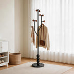 Freestanding Mid-Century Modern Tree Coat Rack | Freestanding metal rack with black marble base & wood spherical hooks for entryway, bedroom, living room