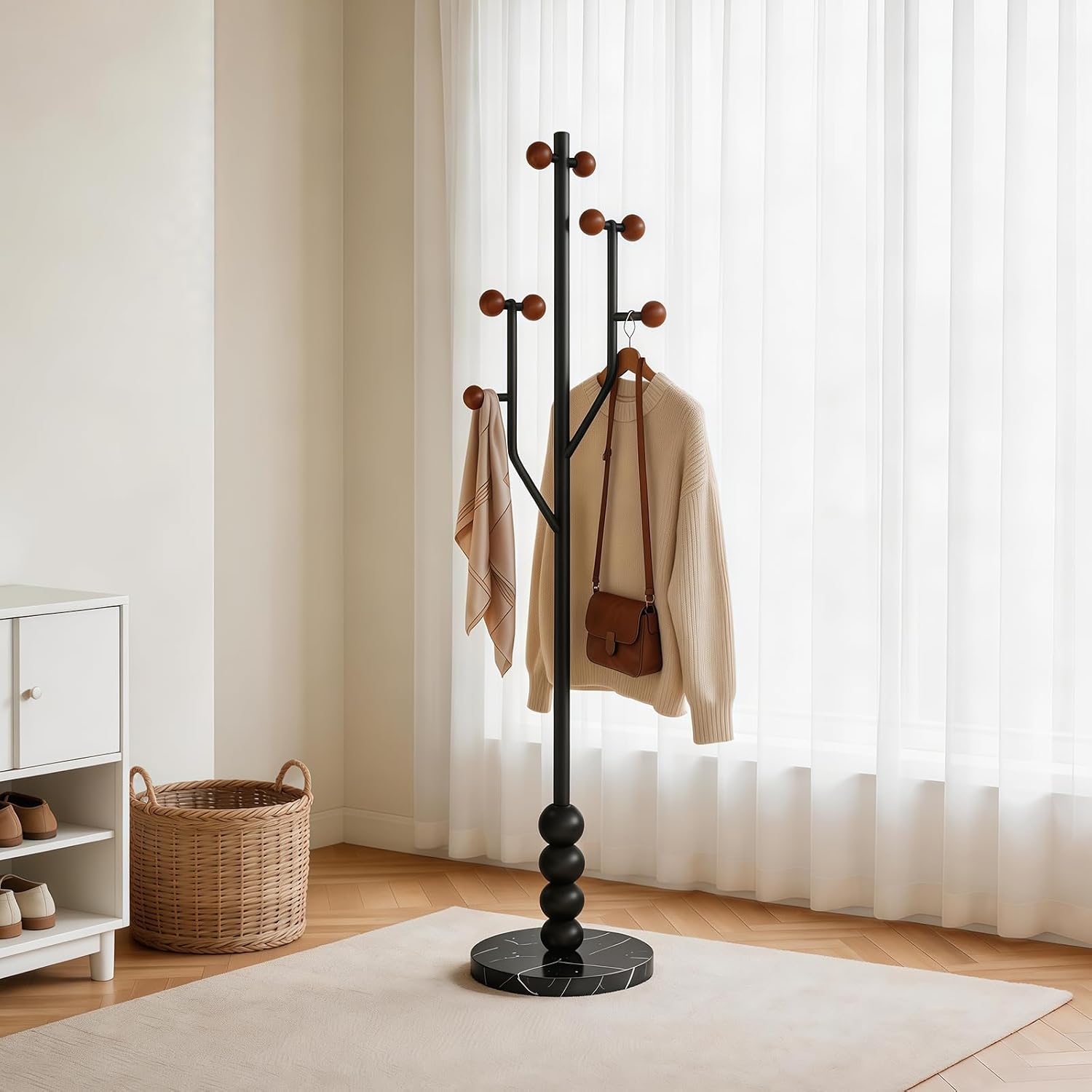 Freestanding Mid-Century Modern Tree Coat Rack | Freestanding metal rack with black marble base & wood spherical hooks for entryway, bedroom, living room