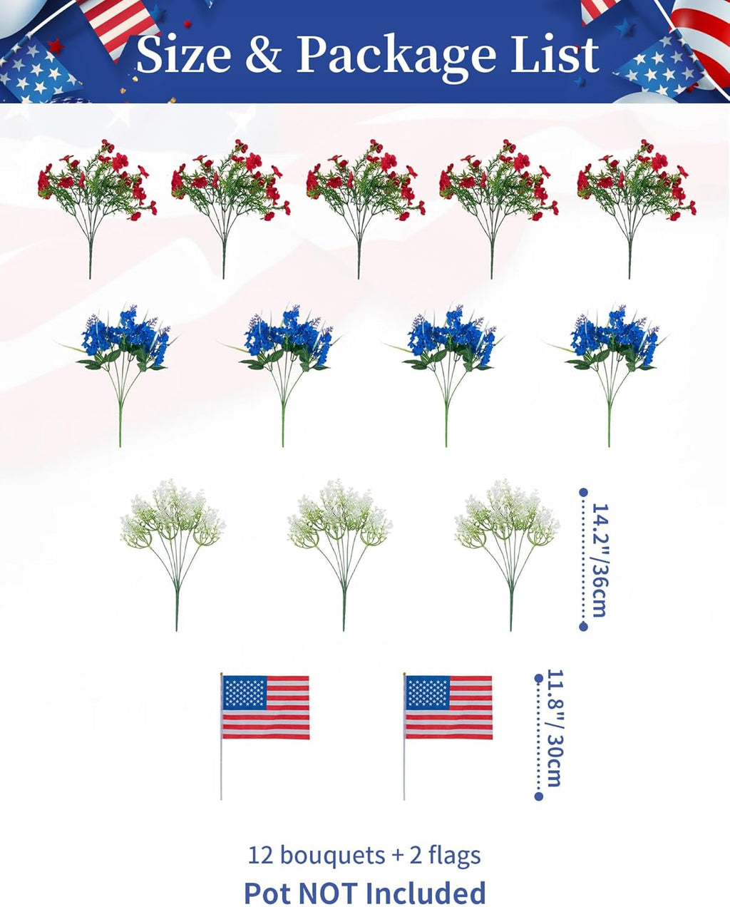 BLOSMON 4th of July Flowers for Porch: 12 Pcs Red White and Blue Fake Flower with Flag for Outdoors Planters - Patriotic Artificial Floral Plants America 250 Anniversary Outside Window Box Decoration