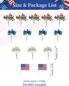 BLOSMON 4th of July Flowers for Porch: 12 Pcs Red White and Blue Fake Flower with Flag for Outdoors Planters - Patriotic Artificial Floral Plants America 250 Anniversary Outside Window Box Decoration