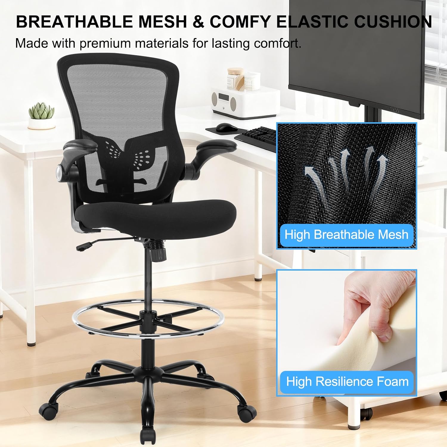 Drafting Chair, Ergonomic Tall Office Chair with Lumbar Support Standing Desk Stool with Flip-up Armrests Comfy High Office Desk Chair with Adjustable Foot Ring for Counter Height Desk, Black