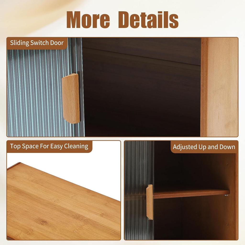 Small Bamboo Kitchen Pantry Sideboard, 3Tiers Freestanding Countertop Storage Cabinet with 2 Acrylic Doors Black Storage Shelf, Sliding Pantry Cabinet for Home Bar, Coffee Bar (Tea-Colored)