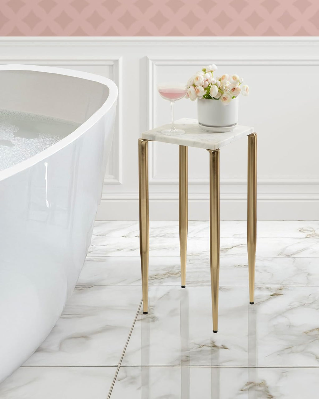 Kate and Laurel Lemaire Modern Square Marble Drink Table, 12 x 12 x 24, White Marble and Gold, Natural Marble Martini Table for Use as Small Plant Stand or Mini Nightstand