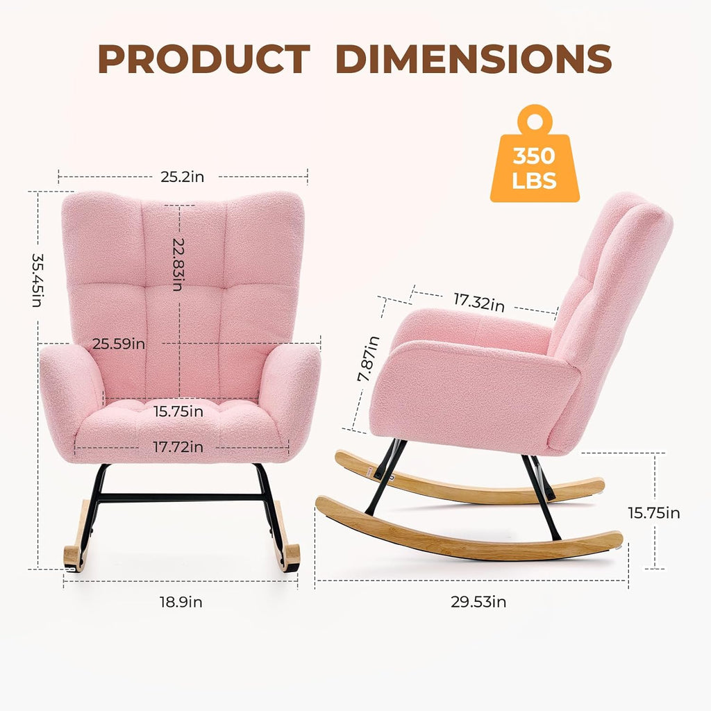 Nursery Rocking Chair, Teddy Upholstered Glider Rocker with High Backrest & Thick Cushion, Tufted Accent Armchair with Wood Legs, Comfy Reading Chair for Living Room Bedroom Office, Pink