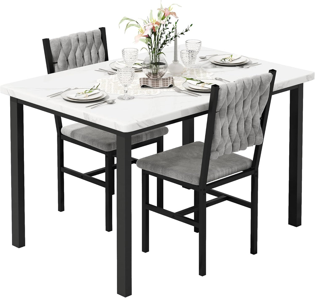 AWQM 3 Piece Dining Table Set for 2, Small Kitchen Dining Table with Upholstered Chairs, Compact Dining Table Set for Small Spaces, Space for Dining Room, Living Room, Apartment (White+Gray)