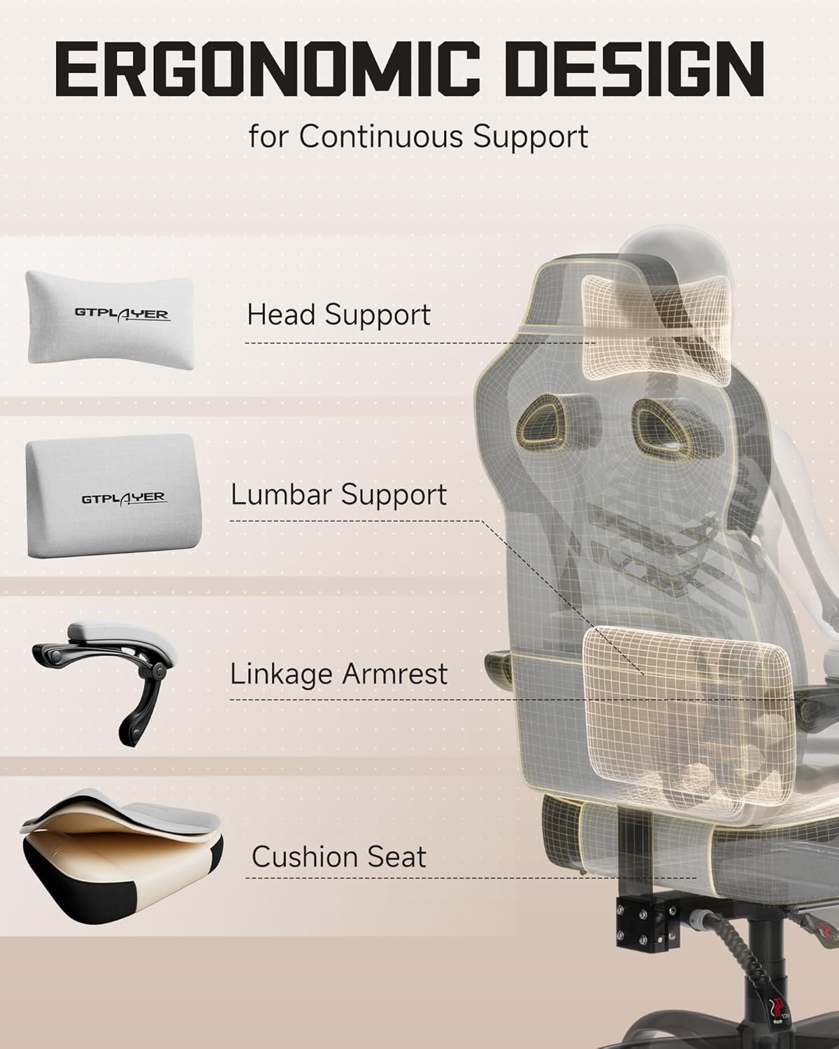 GTPLAYER Gaming Chair for Adults- Ergonomic Big & Tall Gaming Seat with Footrest & Lumbar Support, Fabric Comfortable Computer Office Chair 90-155° Reclining - Heavy Duty Wide Seat, Bright Grey