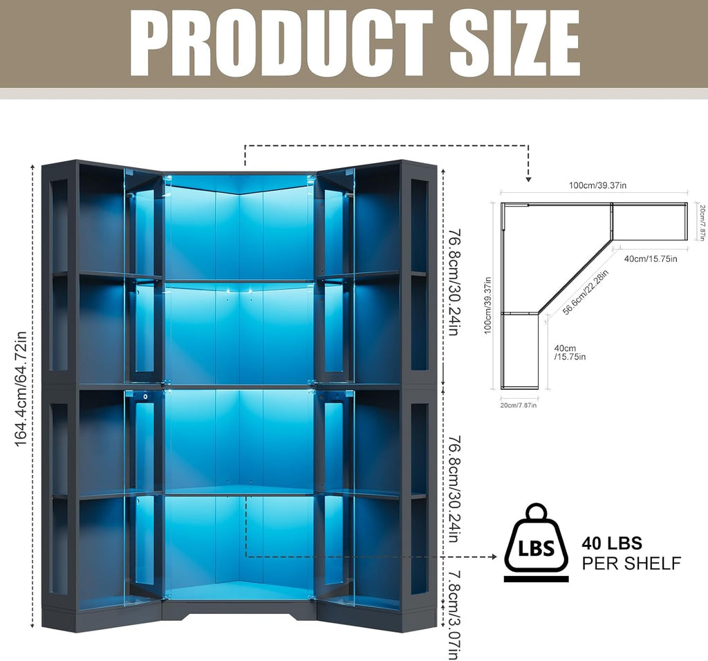 PAKASEPT Corner LED Glass Door Display Curio Cabinet/Display Case | 3 adjustable tiers,3-color LED light,pop-up tempered glass doors,living room collectible storage