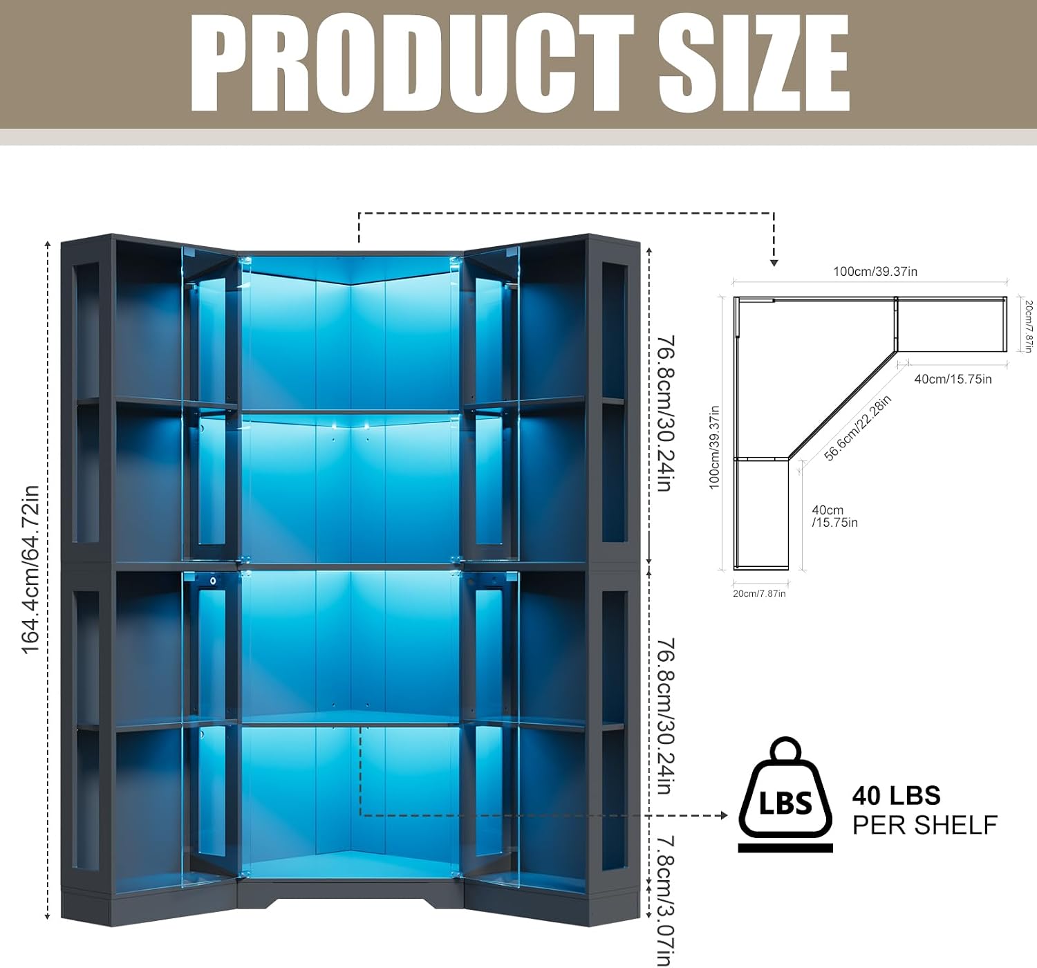 PAKASEPT Corner LED Glass Door Display Curio Cabinet/Display Case | 3 adjustable tiers,3-color LED light,pop-up tempered glass doors,living room collectible storage