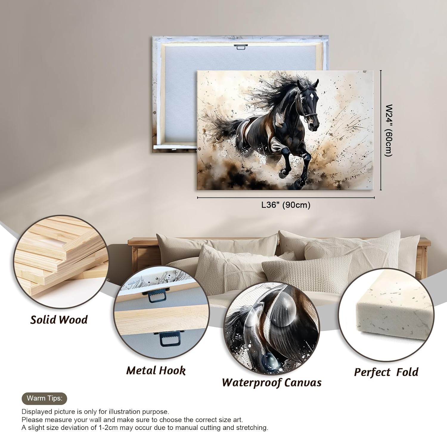 Azatyam Running Horse Wall Art Animal Picture Vintage Western Equestrian Canvas Prints Watercolor Wild Horses Paintings Modern Rustic Room Decor for Living Room Bedroom Bathroom Office 24" x 36"