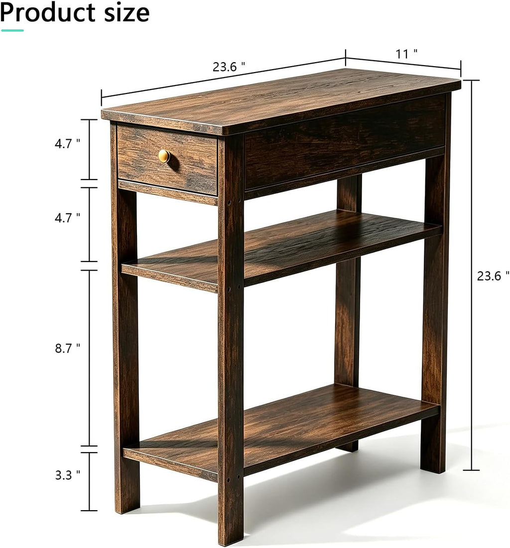 Solid Wood Narrow End Table with Drawer and 3-Tier Storage, Slim Nightstand for Small Spaces, Side Table with Shelves for Living Room, Bedroom, Easy Assembly Walnut 23.6X23.6X11in