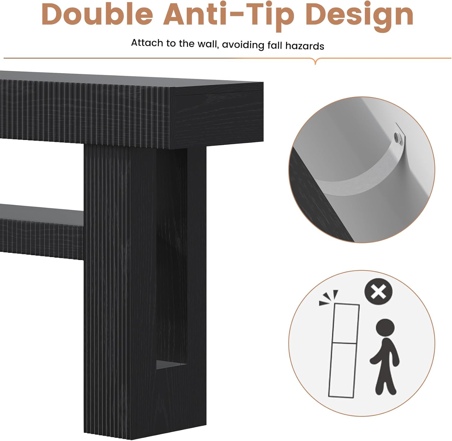 Bigbiglife 63" Fluted Console Table, Black | 2-Tier with Storage Shelves, Narrow Long Wood Design, For Entryway, Living Room, Hallway, Behind Couch or Sofa Table
