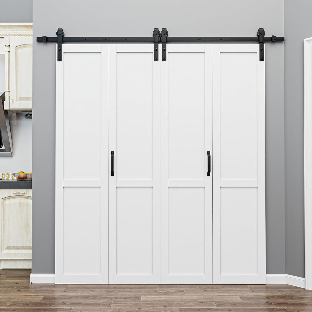50" x 84" Bifold Barn Door with Hardware and Track Kit Included, Pre-Assembled Solid Core Panel Bi-fold Barn Door for Pantry, Closet, Primed White Finish with Water-Resistance, Paintable, H Shape