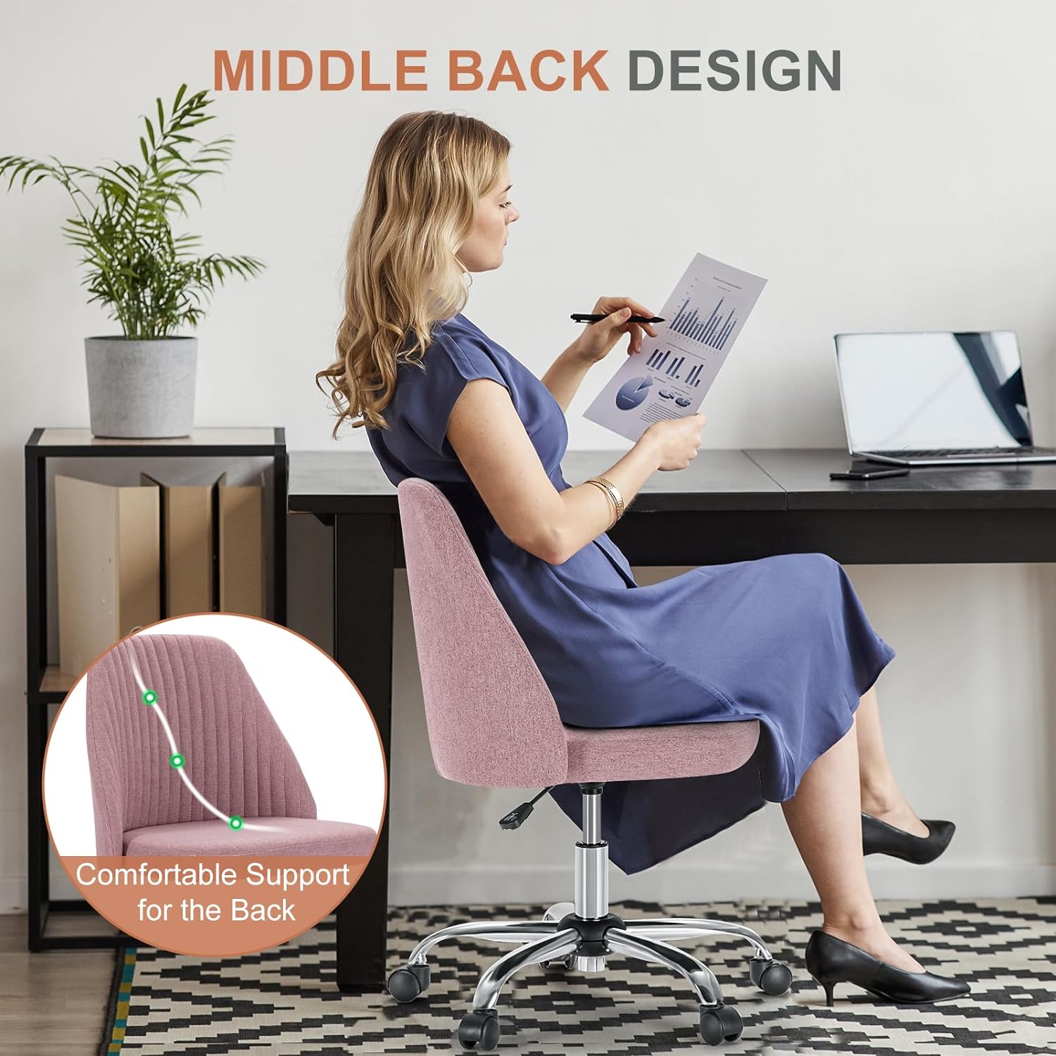 DUMOS Office Chair, Comfy Desk Chair Rolling Vanity Swivel Task Chairs with Wheels, Wide Seating Armless Height Adjustable Computer Chairs for Home,Bedroom,Student,Adults, Blush