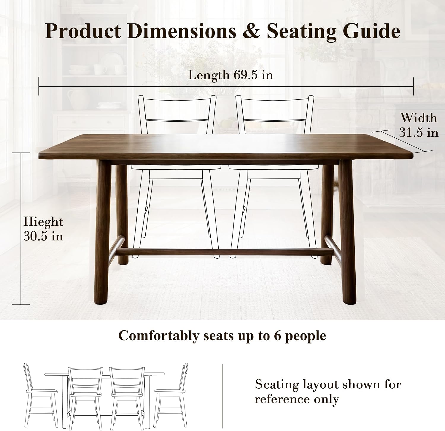 Ya-Home Walnut Dining Table, 69" Wood Kitchen Table with Solid Wood Legs, Seats 4-6, Modern Farmhouse Dinner Table for Dining Room Home Office