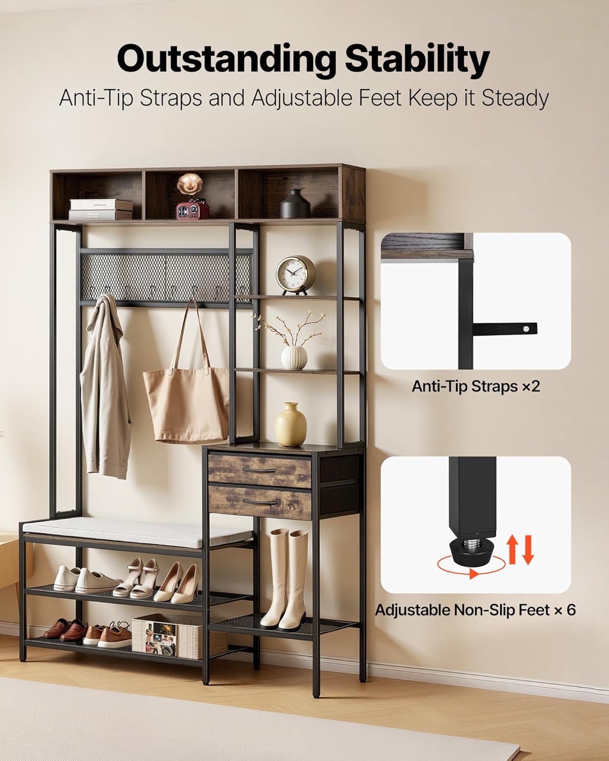 VEVOR Hall Tree with Bench and Shoe Storage, Entryway Bench with Coat Rack, 2 Drawers, 3 Storage Cubbies, 3 Open Shelves, Coat Hooks with Soft Cushion for Entryway, Hallway