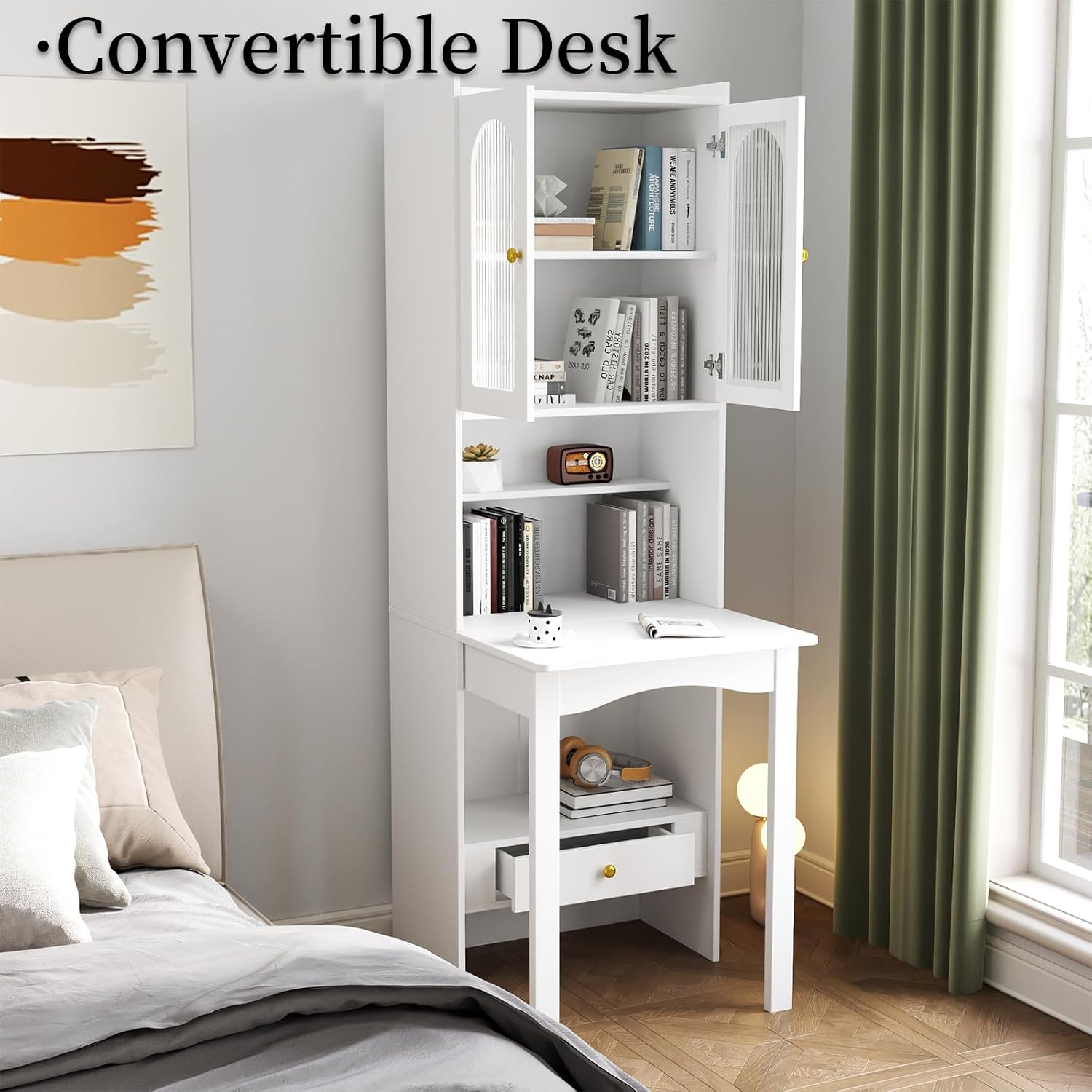 JOYSOURCE 71'' Bedside Table Tall Freestanding Bookshelf with Convertible Desk Hutch Cabinet with Reeded Glass Doors Drawer Nightstand End Table for Living Room White