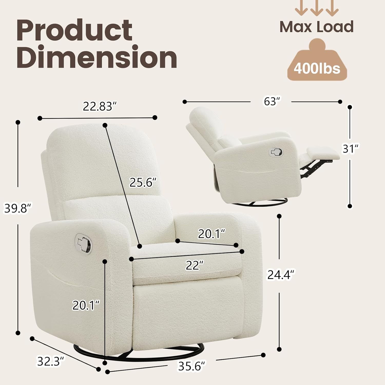 Manual Swivel Rocker Recliner, Swivel Glider Nurseryc Recliner Chair with Lumbar Support, Upholstered Rocking Recling Chairs for Adults Nursery, Living Room, Bedroom, Teddy White
