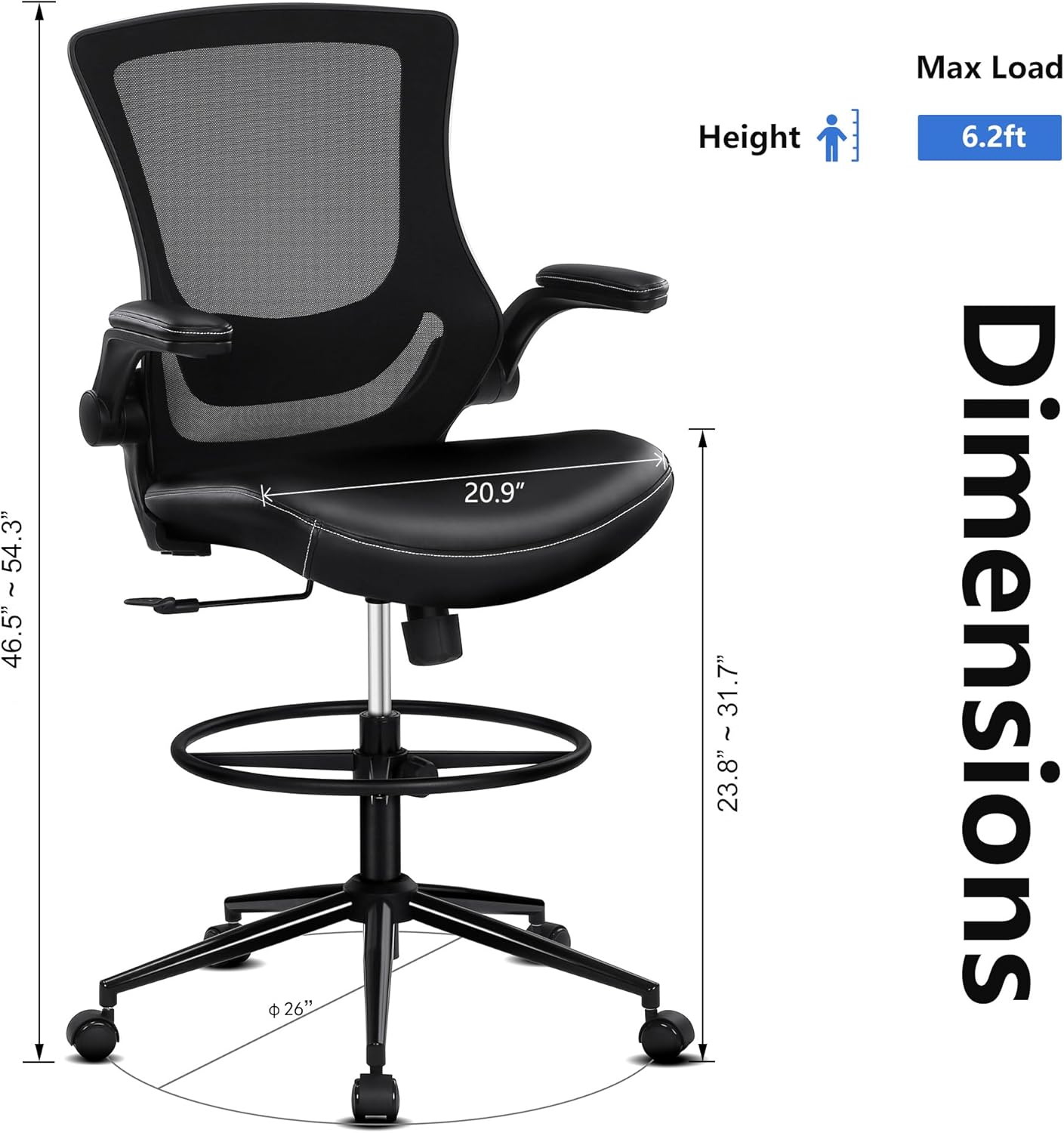 Misolant Tall Office Chair for Standing Desk, Drafting Chair with Footrest Ring, PU Leather Recline High Office Tall Desk Chair with Adjustable Lumbar Support