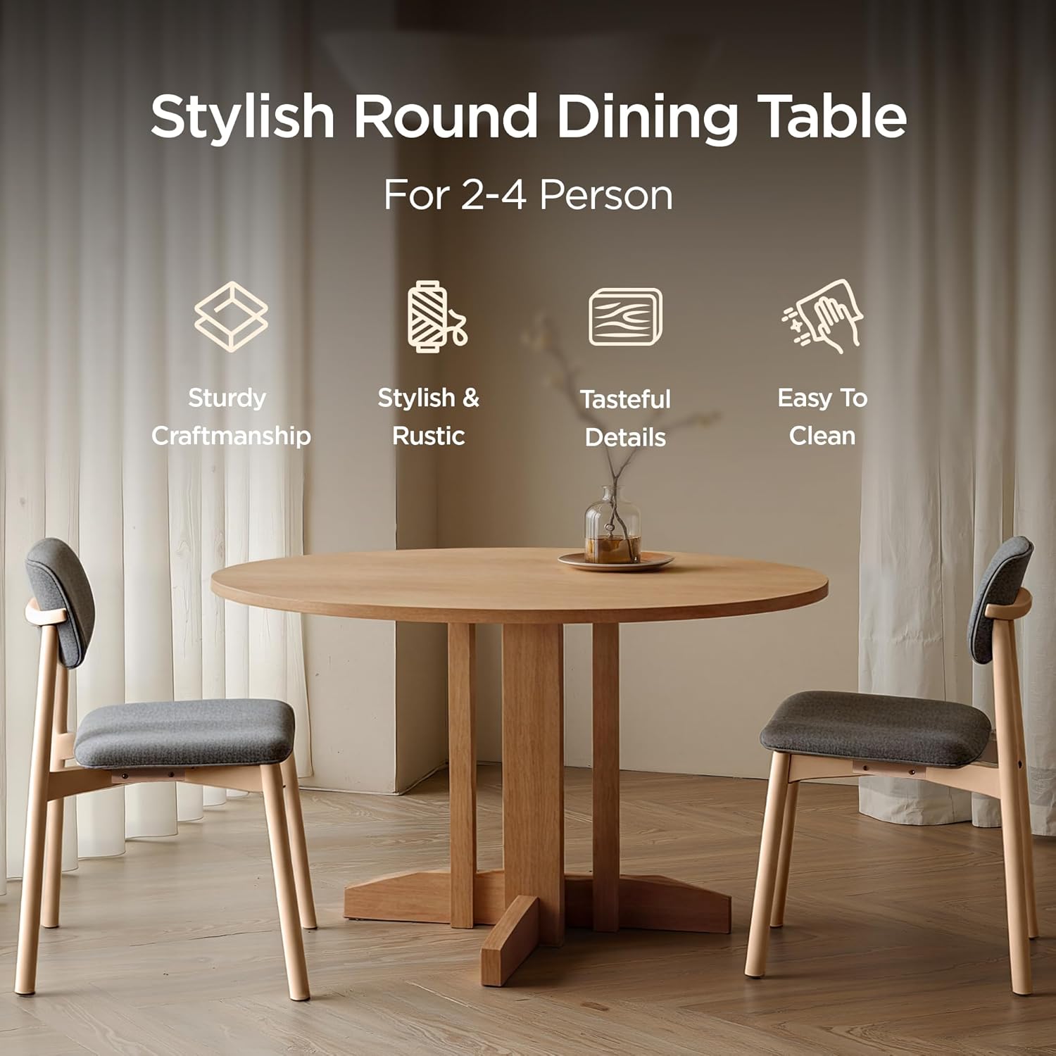 Acanva 47" Small Round Dining Table for 4 Person, MDF Top and Sturdy Wood Base Structure, Modern Design for Kitchen, Compact Space & Apartment, Natural Oak