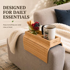Bamboo Sofa Armrest Tray - Foldable Couch Arm Tray with Cup Holder - 2 in 1 Anti-Slip Sofa Armchair Caddy Table for Drinks, Phone, TV Remote, Snacks