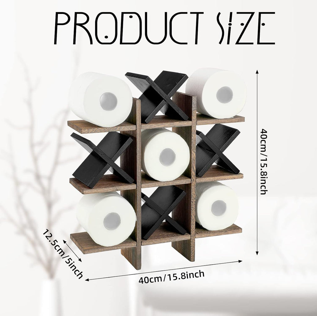 Weysat Tic Tac Toe Toilet Paper Holder Stand Bathroom Wall Decor Rustic Wooden Hanging Storage Freestanding Wall Mounted Shelves Decor for Toilet Tissue Farmhouse
