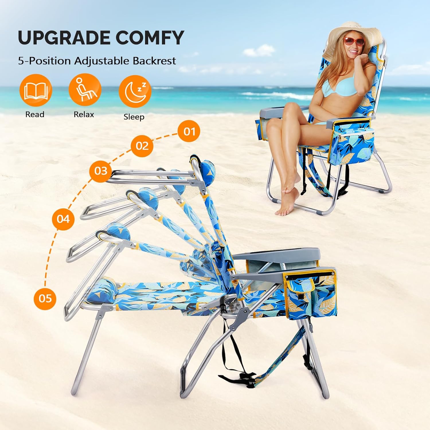 16" Tall Beach Chairs for Adults,2-Pack Lightweight Backpack Chair with 5-Position,Cooler Bag,Cup Holder,Towel Rack，Suitable for Camping Pool Patio Lawn Outdoor Travel