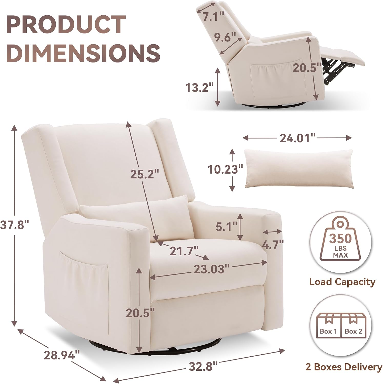 Tbfit 32" Nursery Rocking Chair, 360° Swivel Recliner Chair with Lumbar Support for Bedroom, Comfy Upholstered Armchair with Pillows & Footrest for Living Room & Baby Room