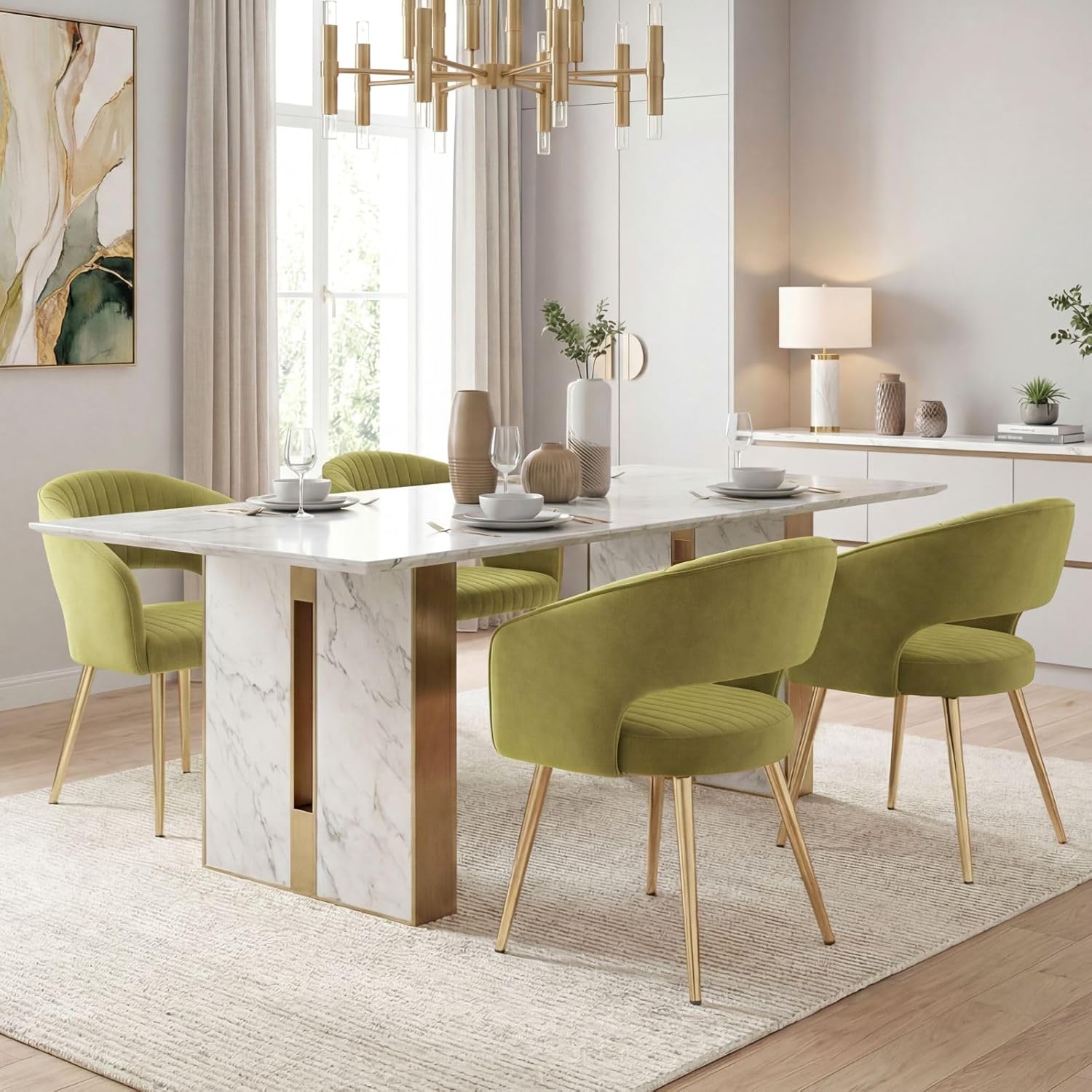 Hyfirm Green Velvet and Gold Dining Chairs, Set of 4 Modern Upholstered Arm Chairs with Hollow Backrest, Tufted Accent Side Chair with Sturdy Metal Legs for Dining Room, Living Room, Kitchen, Salon
