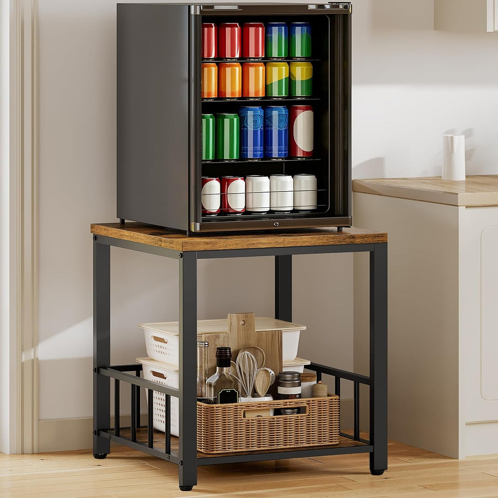 RALGEND End Table, Mini Fridge Stand with Storage, 20" Mini Fridge Cabinet with 2-Tier Storage Shelves, Mini Fridge Table Adjustable Feet, for Kitchen, Living Room, Rustic Brown and Black 5001RSBF