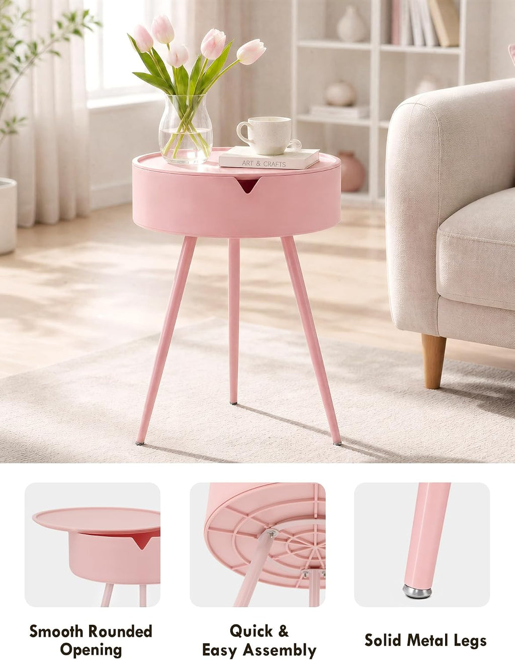 TOPWAVE Small Round Side Table – Lift-Top Storage PVC Table, Metal Legs, Perfect for Living Room & Small Spaces, Multiple Colors