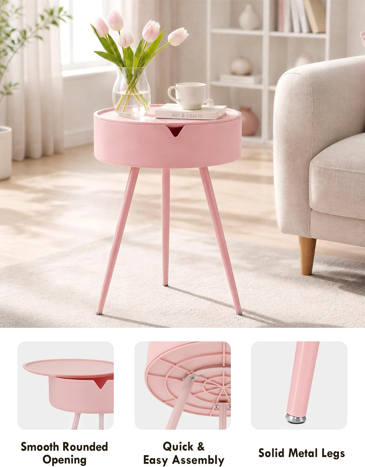 TOPWAVE Small Round Side Table – Lift-Top Storage PVC Table, Metal Legs, Perfect for Living Room & Small Spaces, Multiple Colors