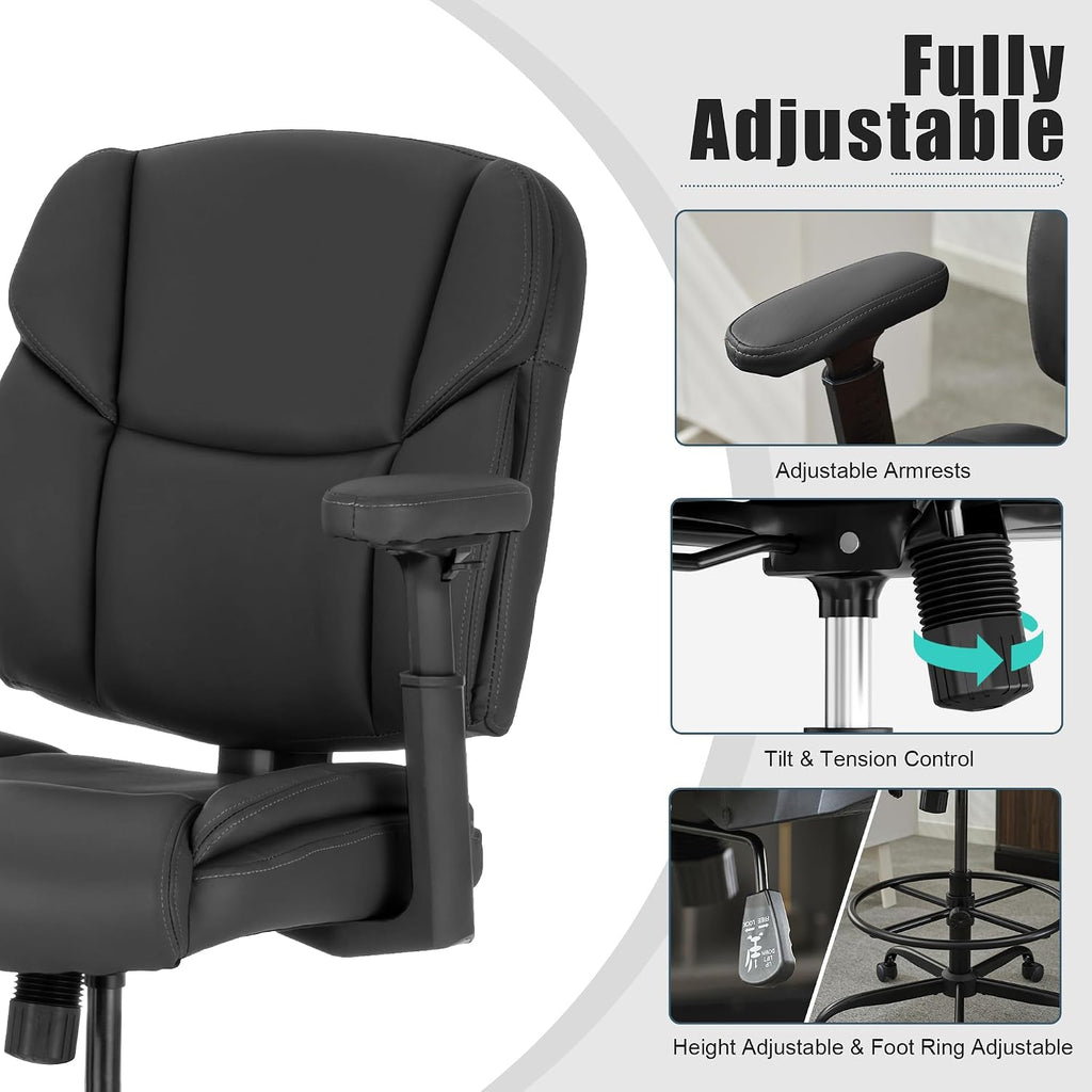 Okeysen Drafting Chair Standing Desk Chair, 500 LBS Leather Big and Tall Office Chair with Adjustable Armrests & Foot Ring, Modern Tall Desk Chair with Mid Back, Swivel Rolling Drafting Stool.