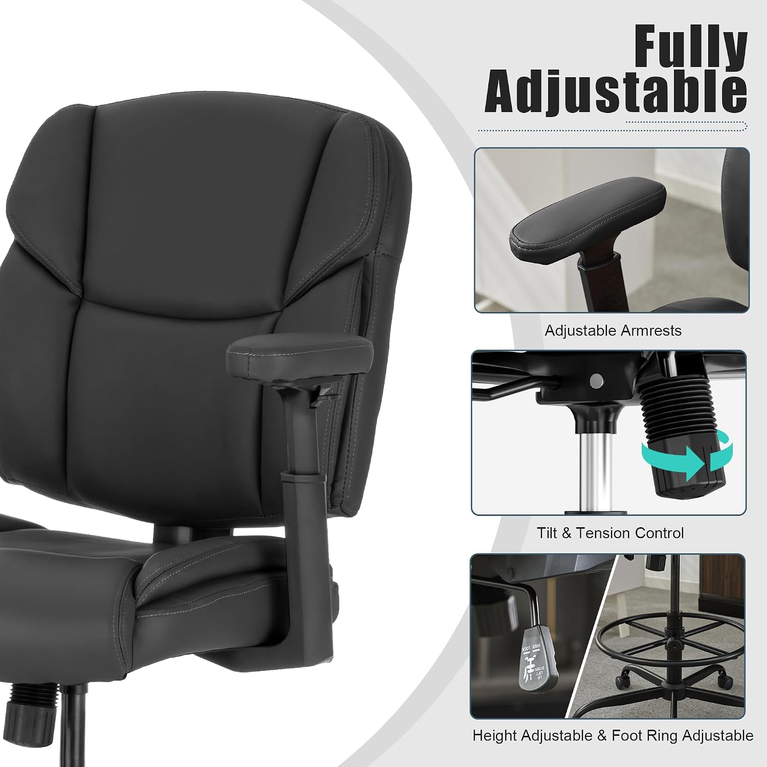 Okeysen Drafting Chair Standing Desk Chair, 500 LBS Leather Big and Tall Office Chair with Adjustable Armrests & Foot Ring, Modern Tall Desk Chair with Mid Back, Swivel Rolling Drafting Stool.