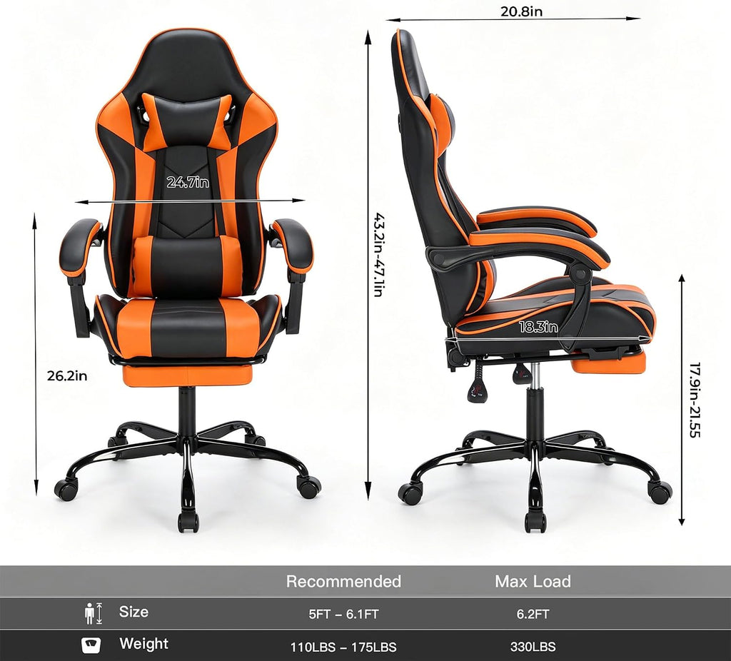 Big and Tall Gaming Chair with Footrest, Ergonomic Computer Desk Chair with Lumbar Support & Headrest, High Back PU Leather Gaming Office Chair, Reclining Swivel Task Chair for Office or Gaming